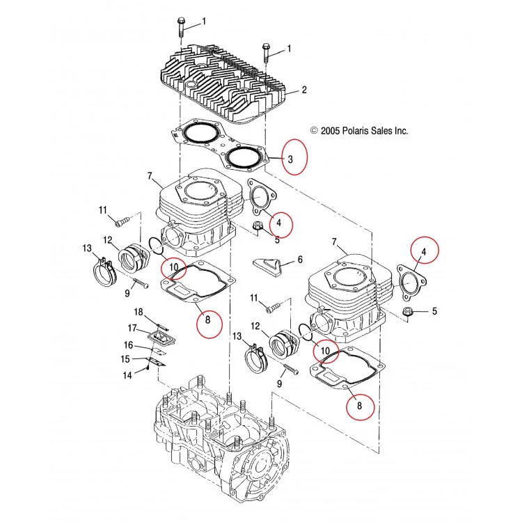 09-710238 Комплект прокладок верхний для снегоходов Polaris WIDETRAK LX 550 3085666/3085704/3023392/3085714/3085619, фото 2