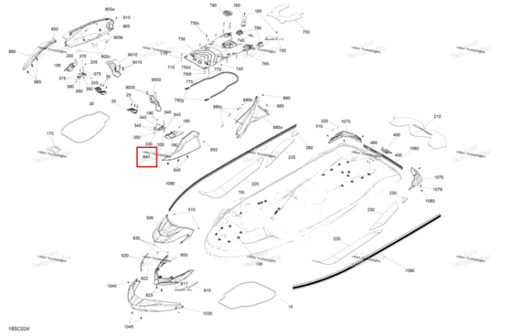 Глубокий чёрный левый передний корпус панель Sea-Doo GTX STD 300 (2023) (291004776)