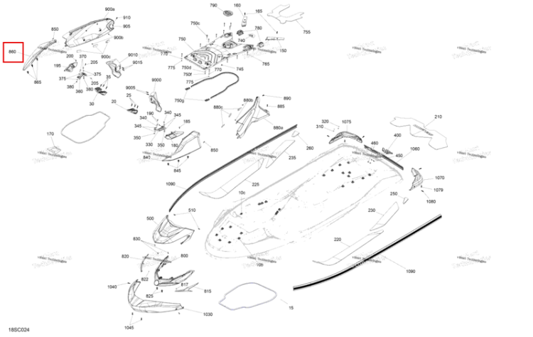 Глубокий чёрный правый передний корпус панель Sea-Doo GTX STD 300 (2023) (291004677)
