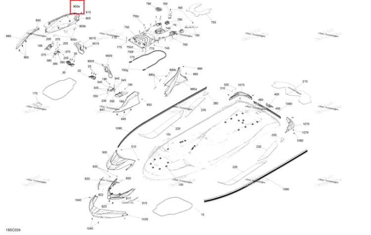 Глубокий чёрный правый центральный корпус панель Sea-Doo GTX STD 300 (2023) (291004782)