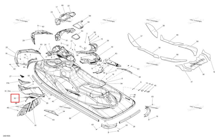 Глубокий чёрный правый боковой решётка Sea-Doo RXP (2016) (291003349)