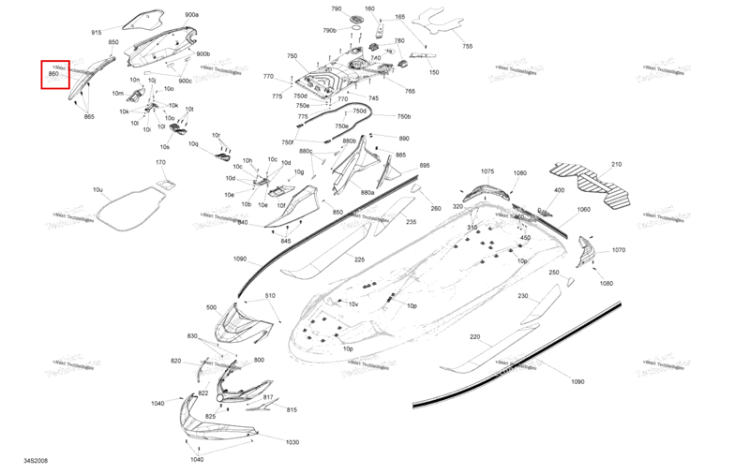 Liquid металлический правый передний корпус панель Sea-Doo GTX 300 (2020) (291004554)