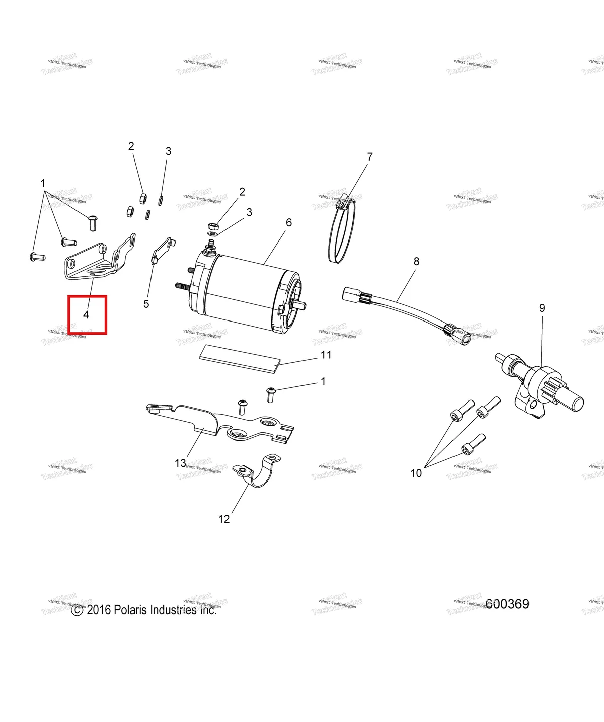 Деталь 1020244 (В сборе кронштейн ELEC START / клипса Polaris 800 AXYS Pro RMK LE 155 (2017) (1020244)) на схеме узла Engine, Starter Motor