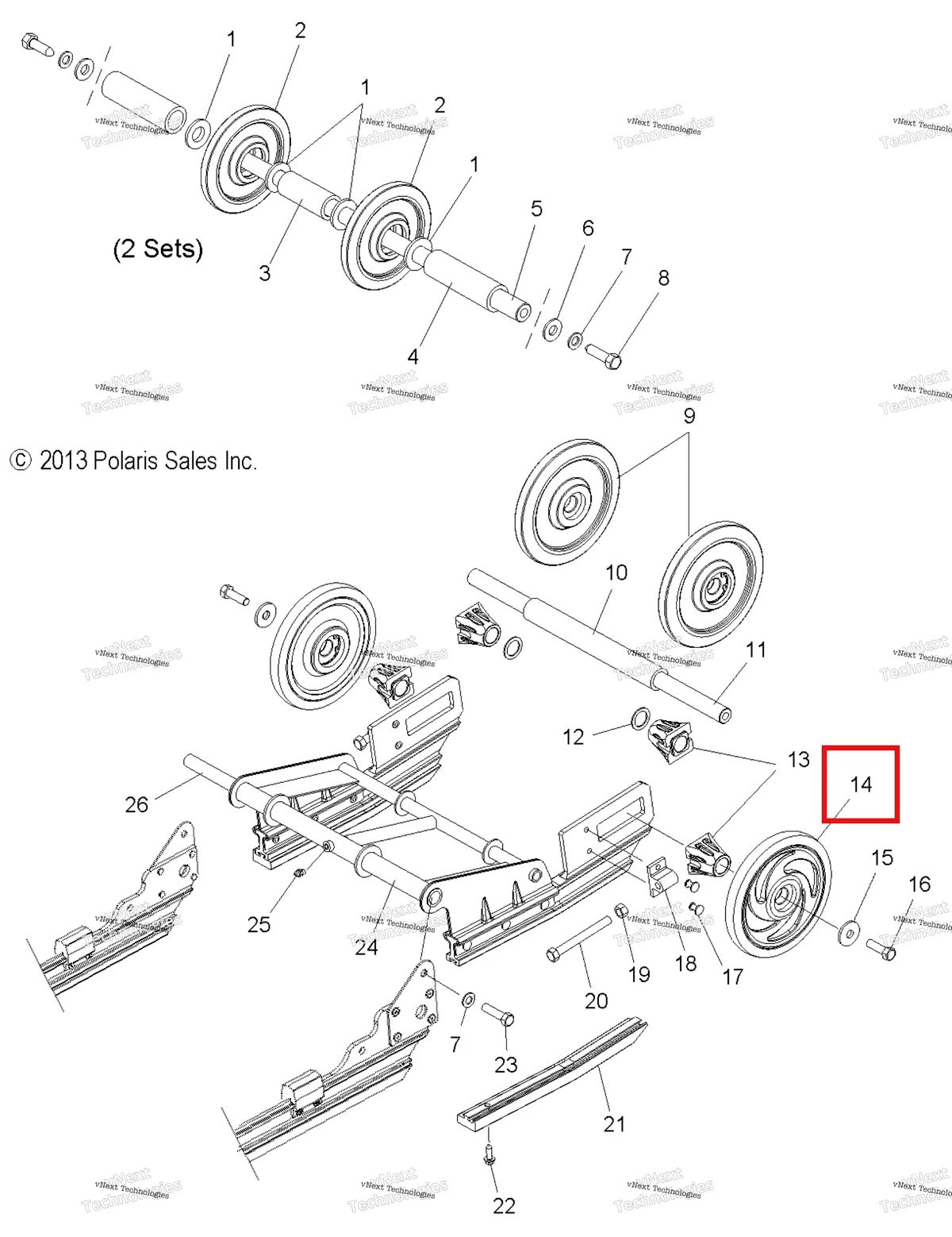 Деталь 1594083-244 (SCROLLED натяжной ролик колесо в сборе BR белый Polaris Widetrak LX (2006) (1594083-244)) на схеме узла Suspension Extension