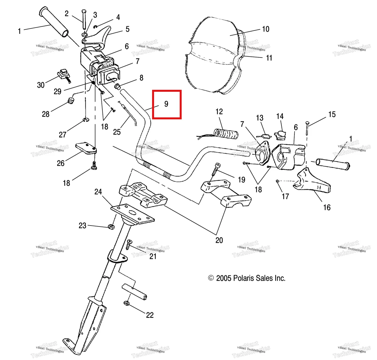 Деталь 1823135-067 (Руль чёрный Polaris Widetrak LX (2006) (1823135-067)) на схеме узла Steering/Handlebar