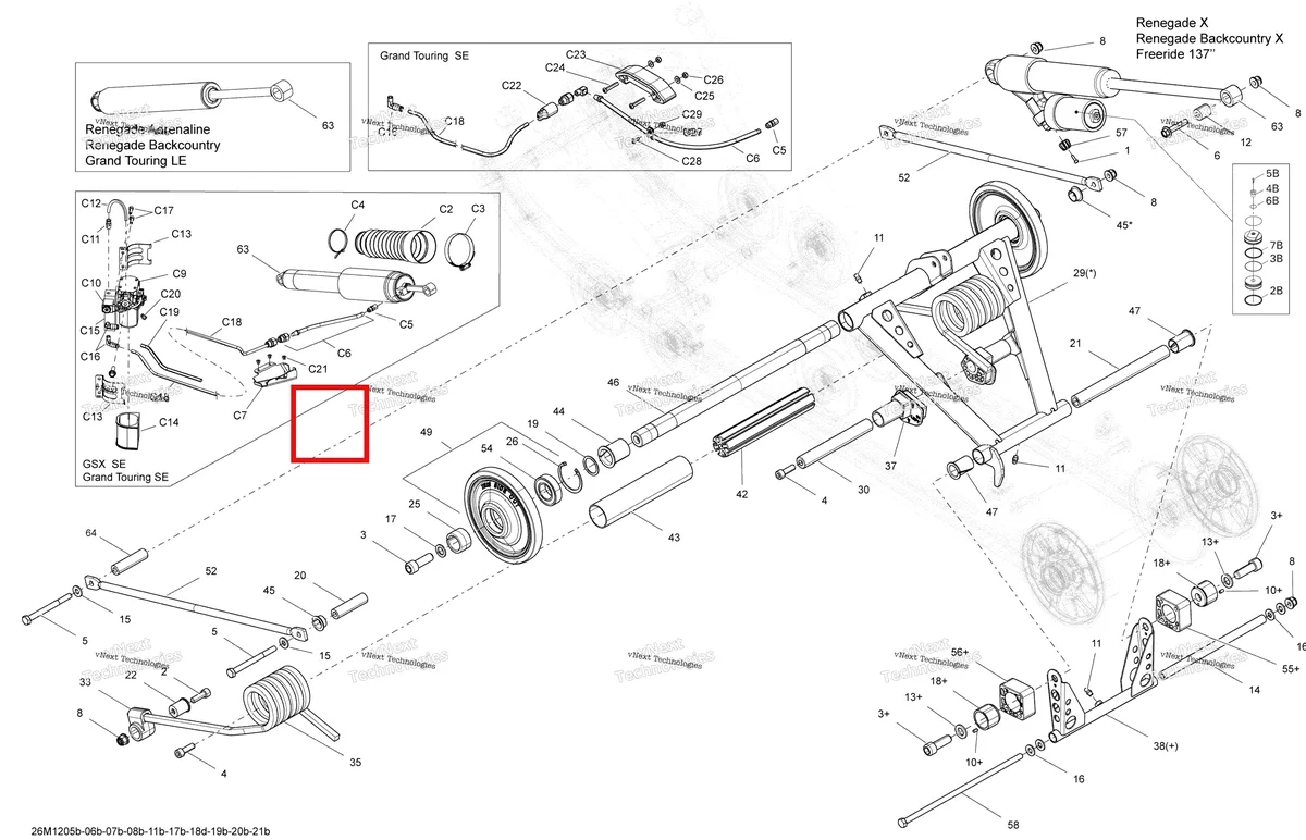 Деталь 205061644 на схеме узла 2012 Ski-Doo Grand Touring LE & SE 1200 XR Rear Suspension Rear Arm, Shock