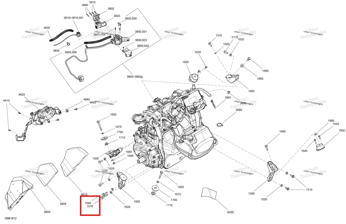 Деталь 207585086 (Деталь Hex. Flanged Screw M8 X 50, Scotch Grip) на схеме узла 2018 Ski-Doo RENEGADE 1200 4-TEC Engine 1200 4-Tec