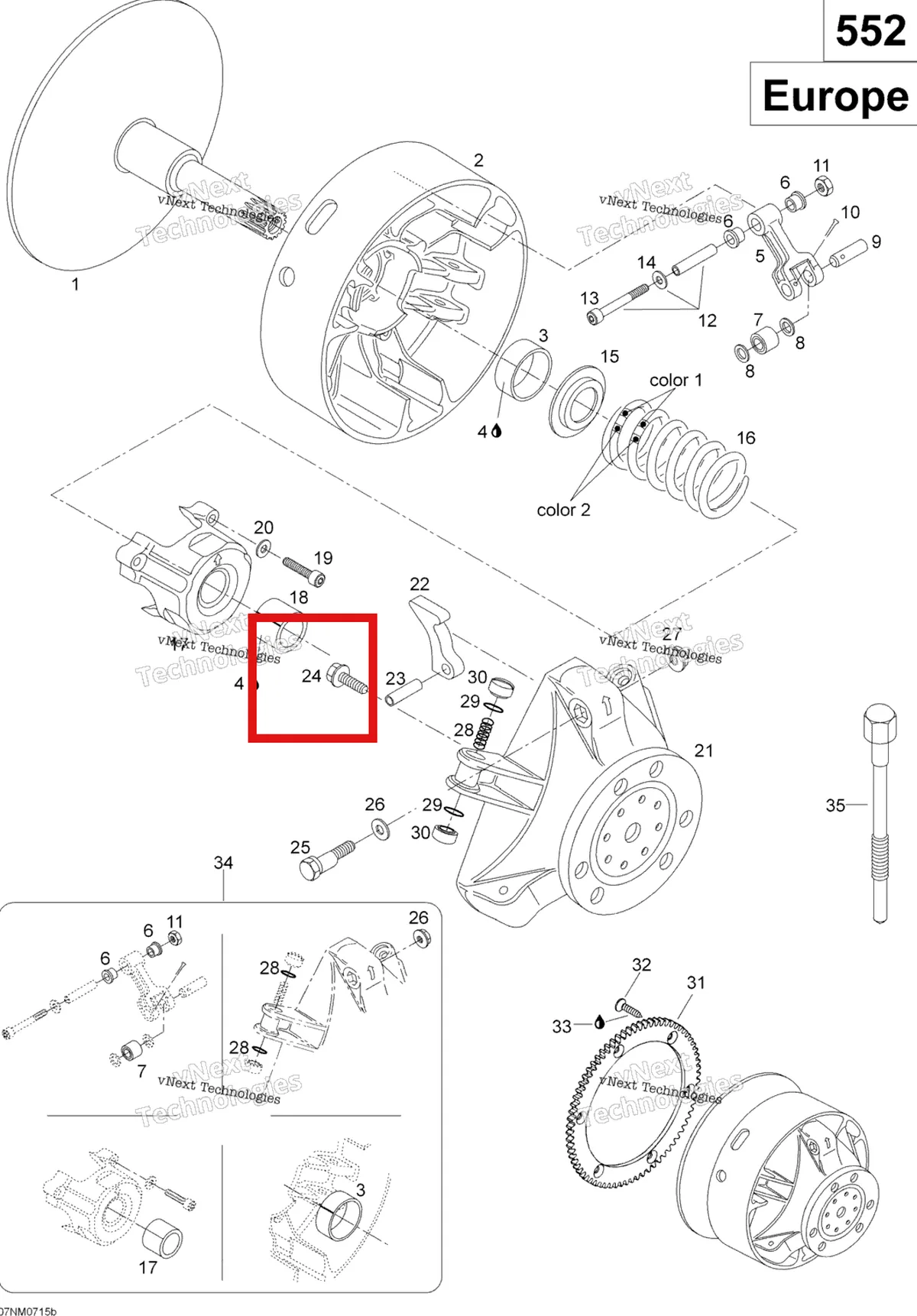Деталь 210361890 (Деталь Screw M6x18) на схеме узла 2007 Ski-Doo Skandic SUV 550F Drive Pulley 550F Suv, Europe