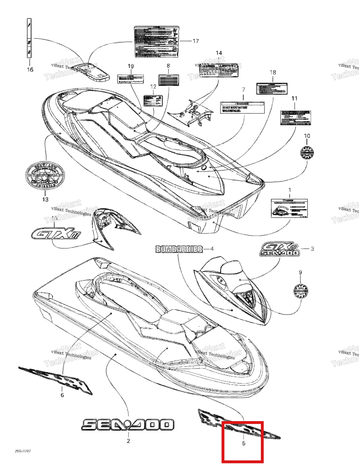 Деталь 219901937 на схеме узла 2002 Sea-Doo GTX DI, 5563/5564/5595/5596 Decals