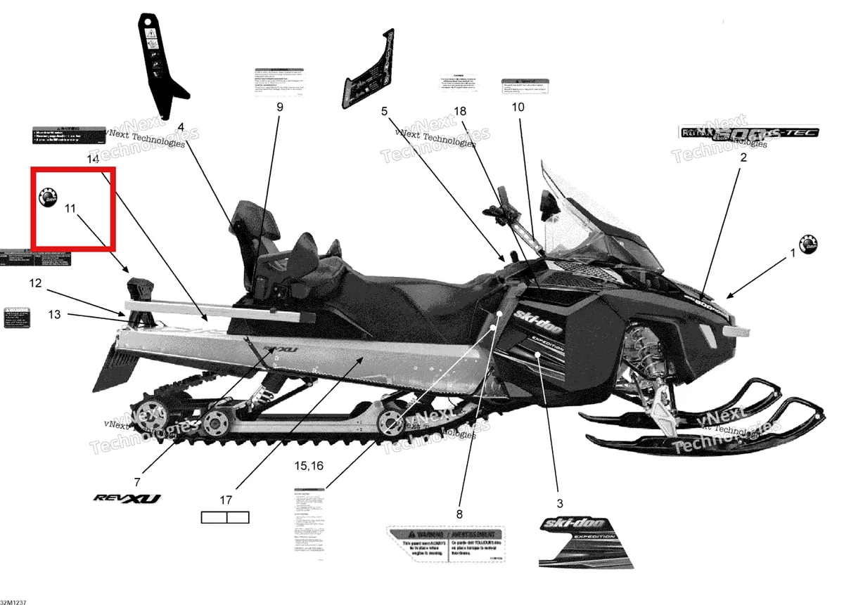 Деталь 219903305 (Логотип Брп) на схеме узла 2012 Ski-Doo Expedition LE 600HOETEC XU Decals