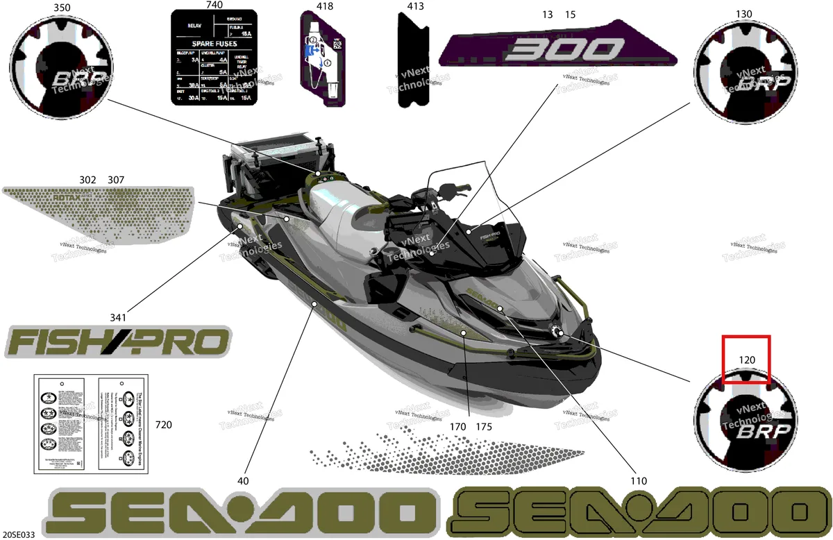 Деталь 219906418 на схеме узла 2025 Sea-Doo FISH PRO APEX - 300 - Fish AP - 27SC - Flint Grey - Audio Body - Decals