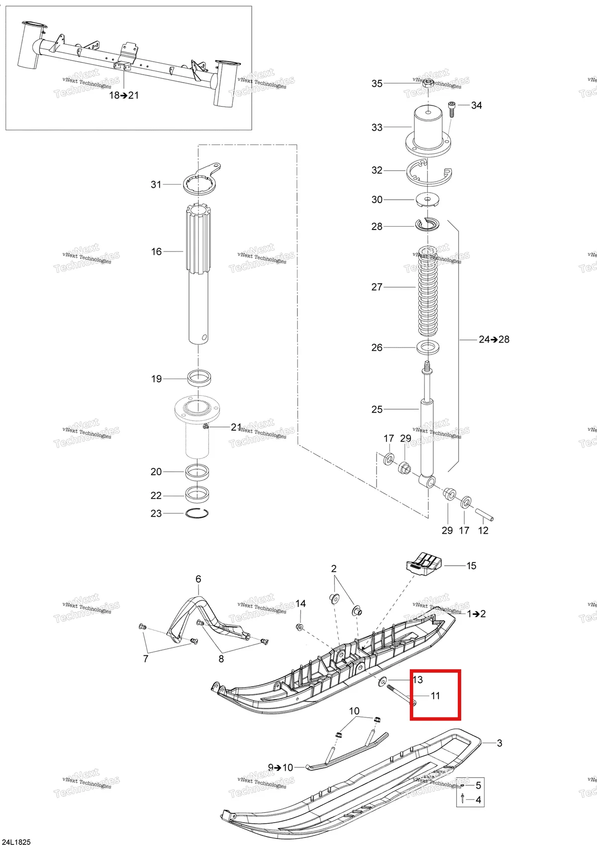 Деталь 230003044 (Деталь Socket Head Screw M10 X 130) на схеме узла 2018 Ski-Doo SKANDIC 550F Front Suspension And Ski