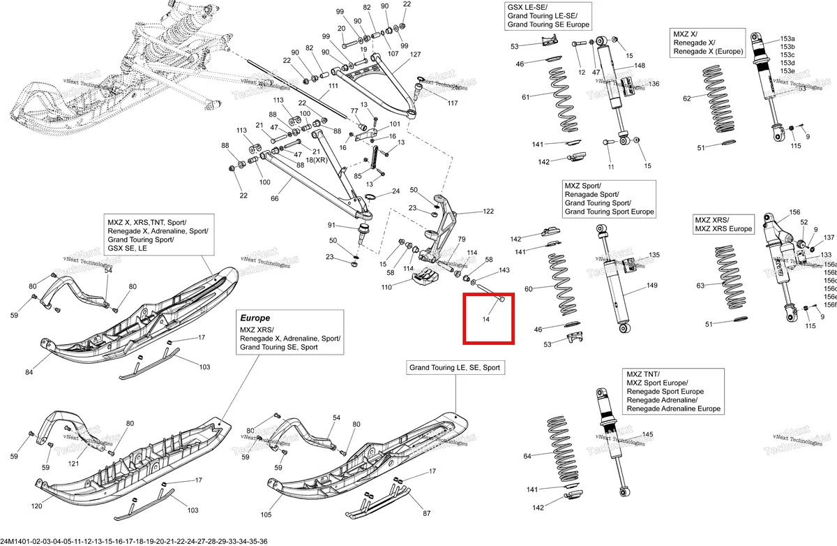 Деталь 230003054 на схеме узла 2014 Ski-Doo RENEGADE X 600HOE XS Front Suspension And Ski