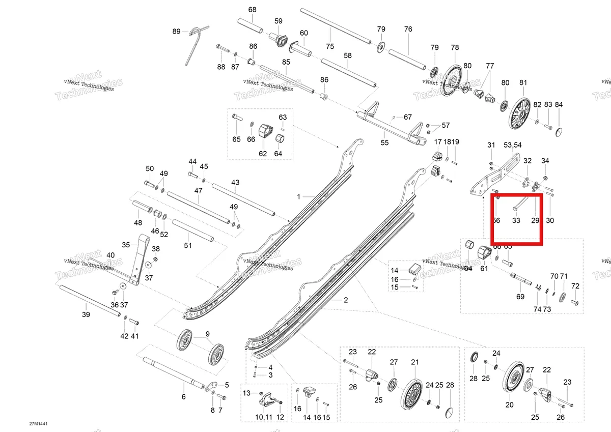 Деталь 230100044 (Наговор. Винт М10 Х 100) на схеме узла 2014 Ski-Doo EXPEDITION LE 1200 XU Rear Suspension A