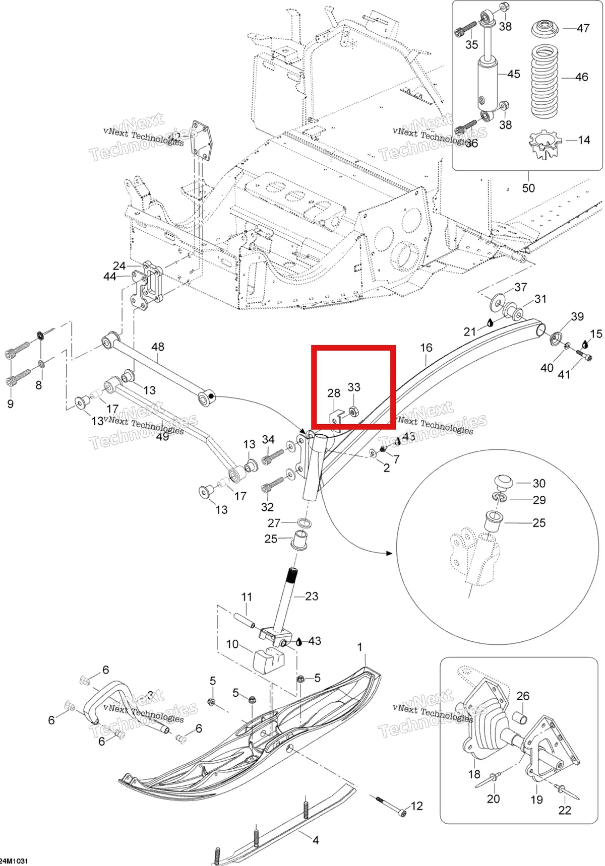 Деталь 232521414 (Деталь Elastic Stop Nut M12) на схеме узла 2010 Ski-Doo Skandic SUV 550F Front Suspension And Ski