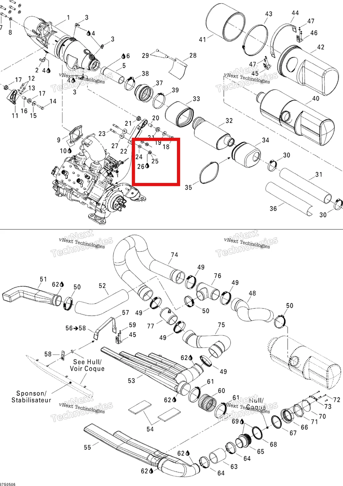 Деталь 233101600 на схеме узла 2005 Sea-Doo 3D RFI Exhaust System