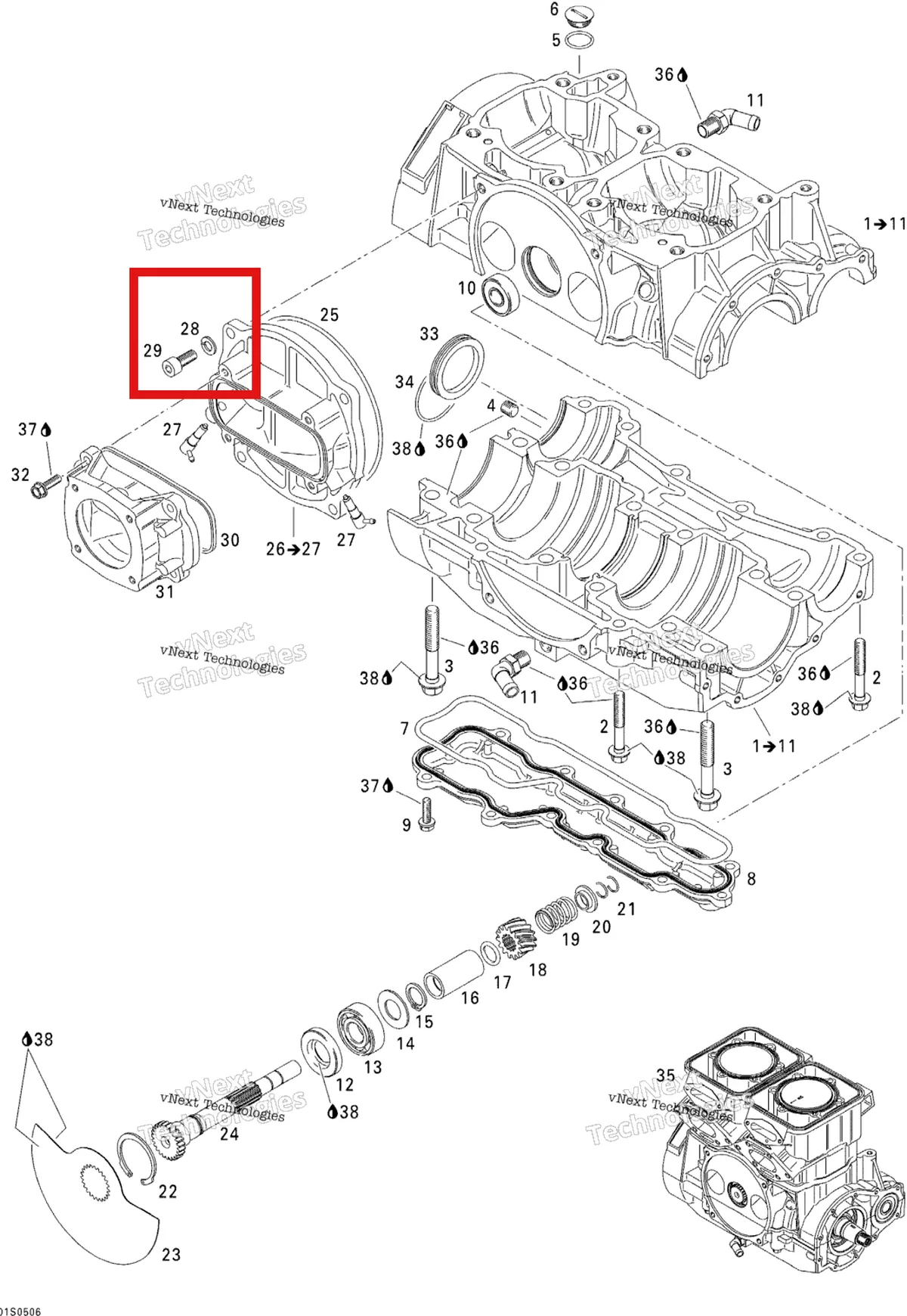 Деталь 234180602 на схеме узла 2005 Sea-Doo 3D RFI Crankcase And Rotary Valve