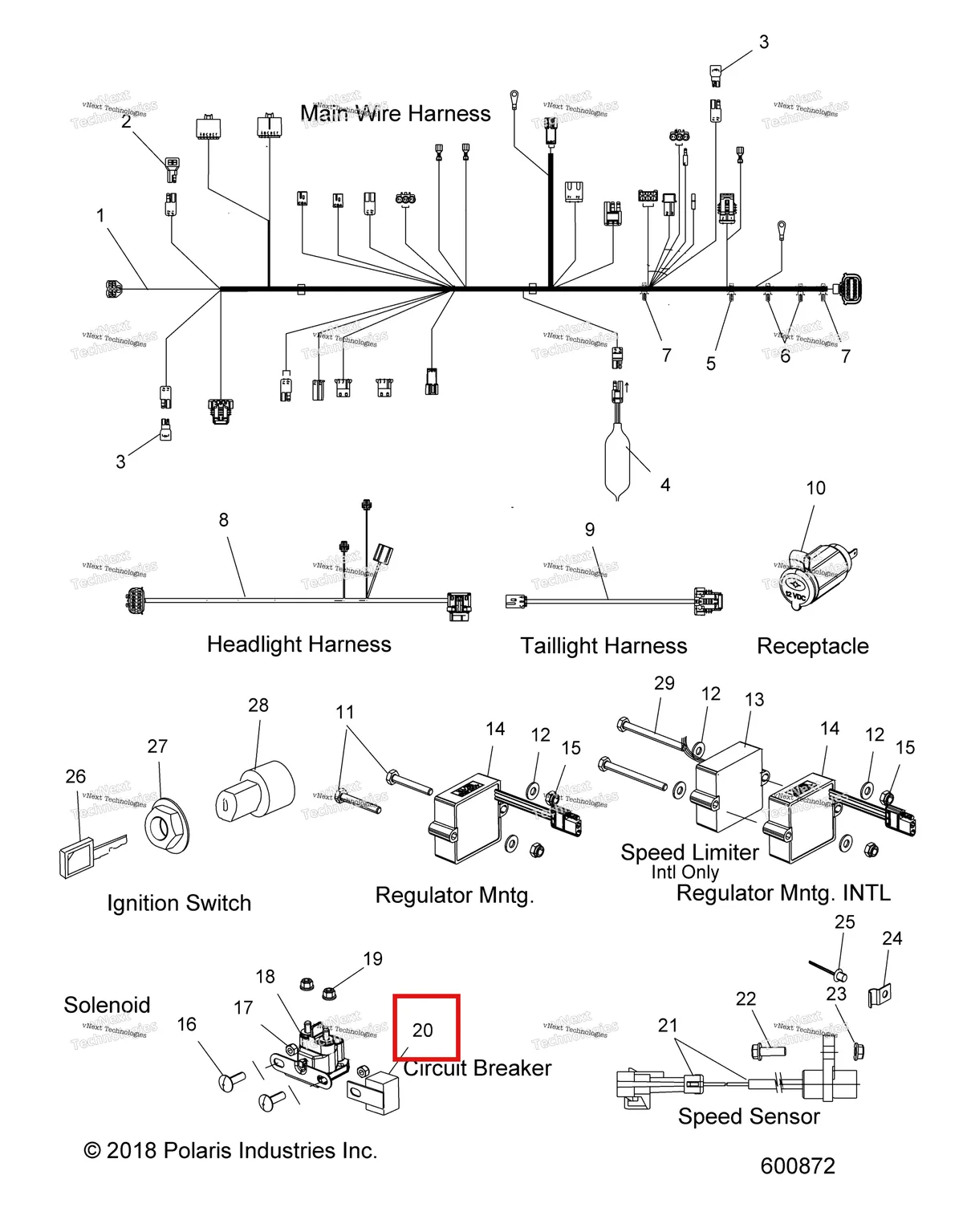 Деталь 2434008 (Цепь BREAKER 12 А Polaris Widetrak LX (2006) (2434008)) на схеме узла Electrical, Wire Harnesses & Components