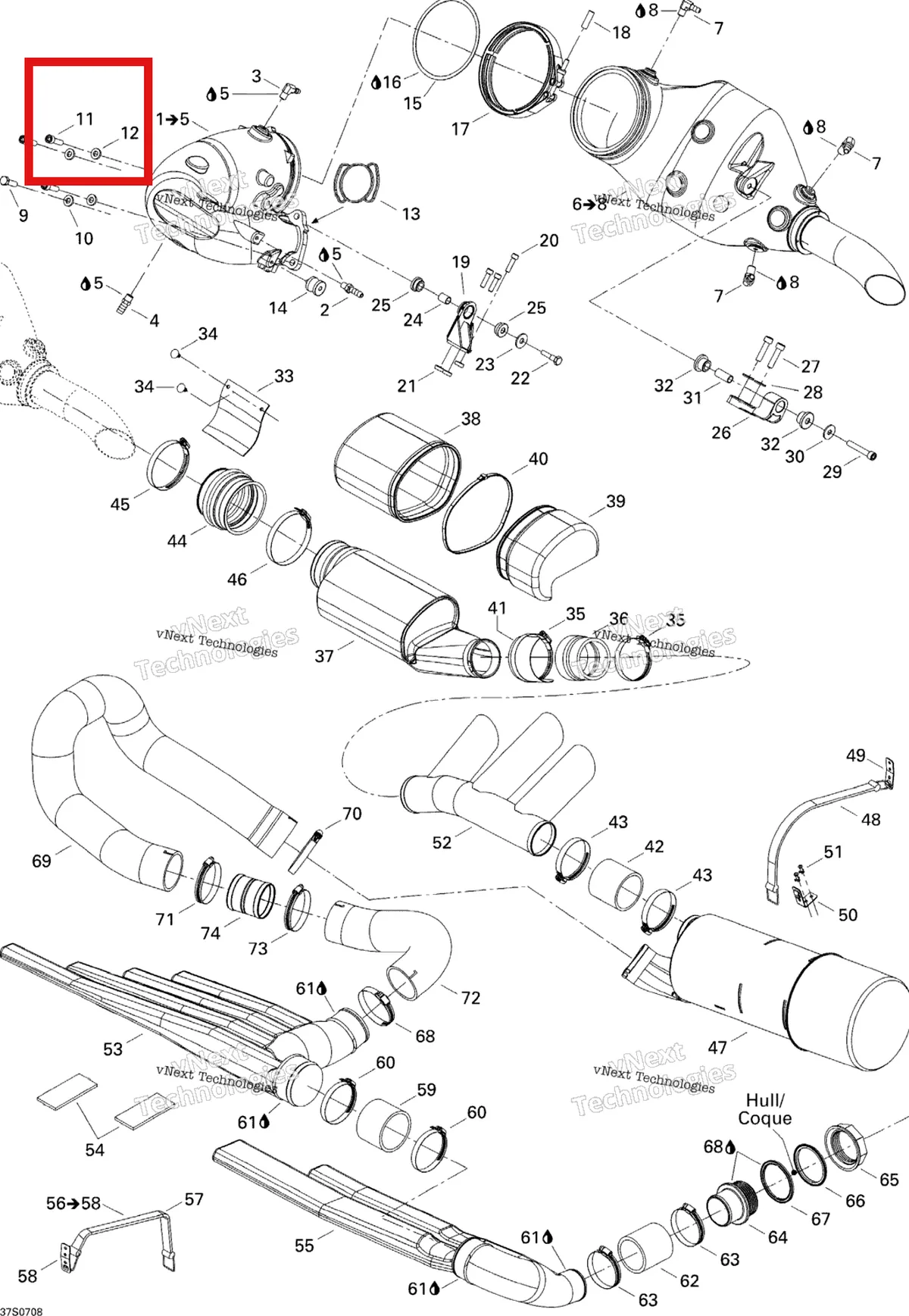 Деталь 244003570 на схеме узла 2007 Sea-Doo 3D 947 DI Exhaust System
