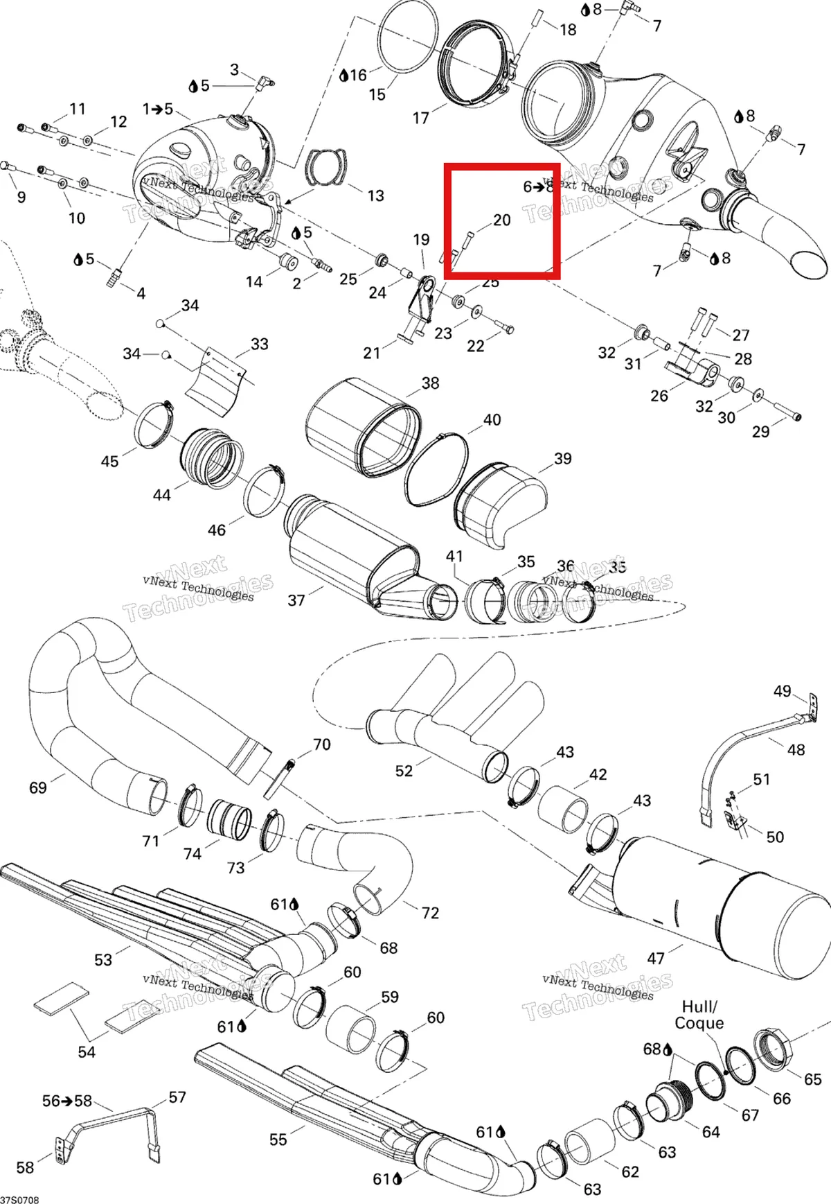 Деталь 244083060 на схеме узла 2007 Sea-Doo 3D 947 DI Exhaust System