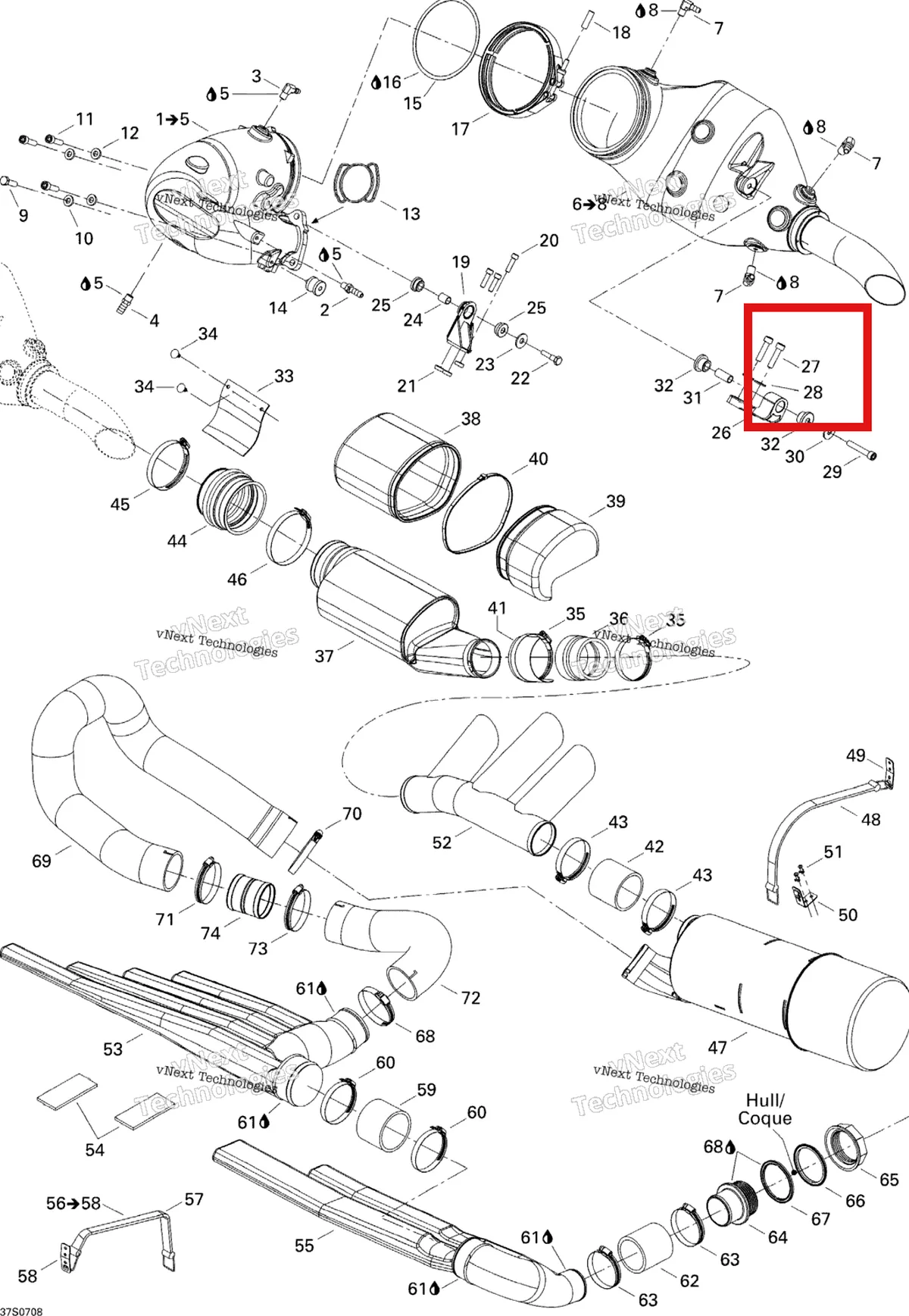 Деталь 244084070 на схеме узла 2007 Sea-Doo 3D 947 DI Exhaust System