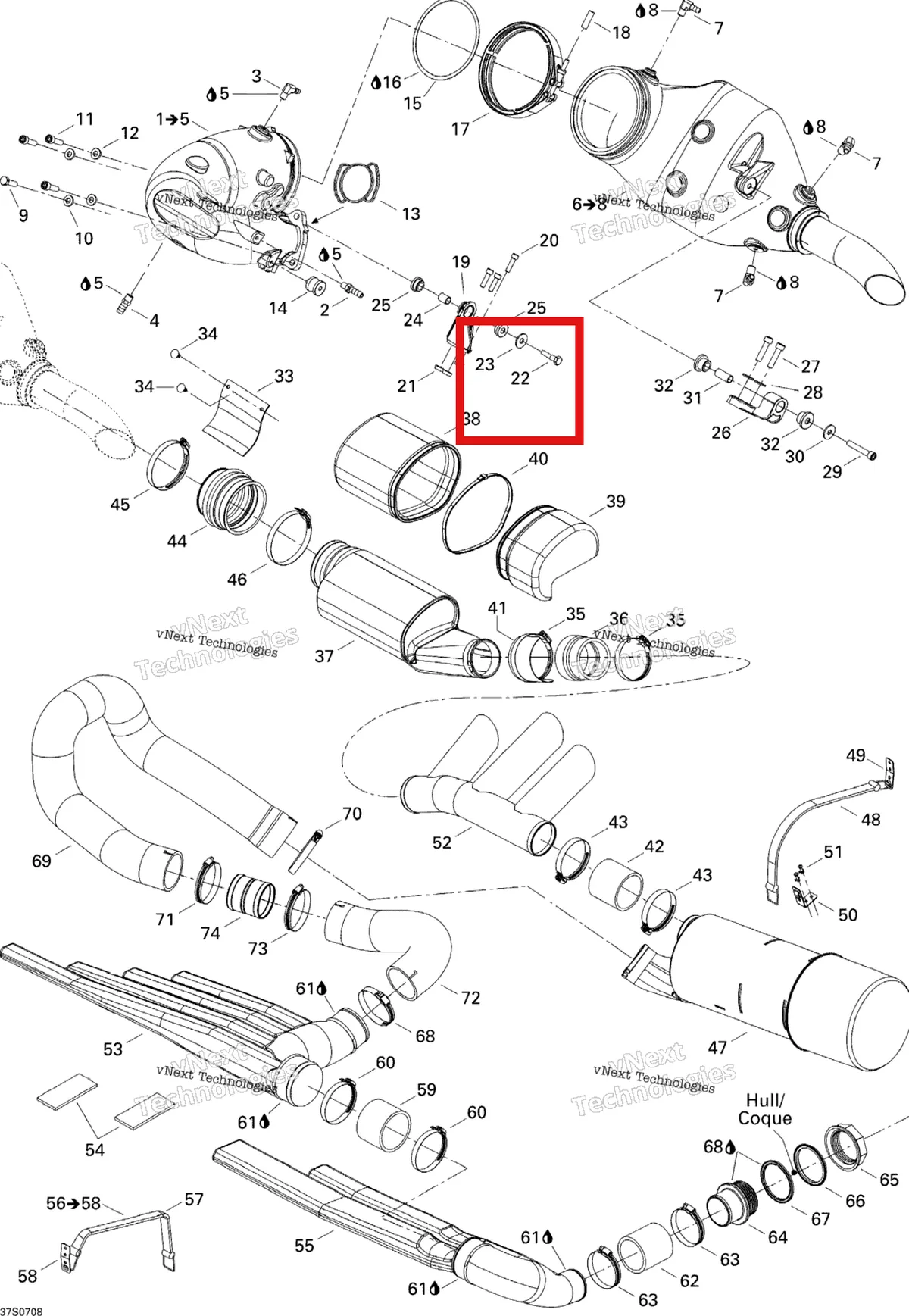 Деталь 245004060 на схеме узла 2007 Sea-Doo 3D 947 DI Exhaust System