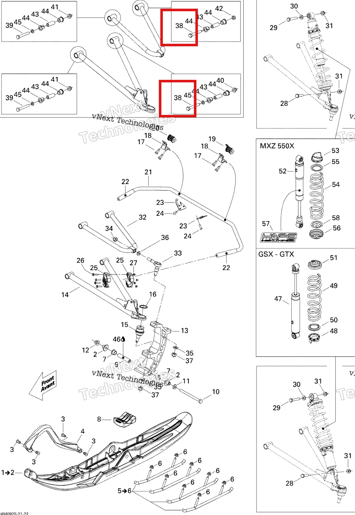 Деталь 250000216 на схеме узла 2009 Ski-Doo GSX Fan Front Suspension And Ski