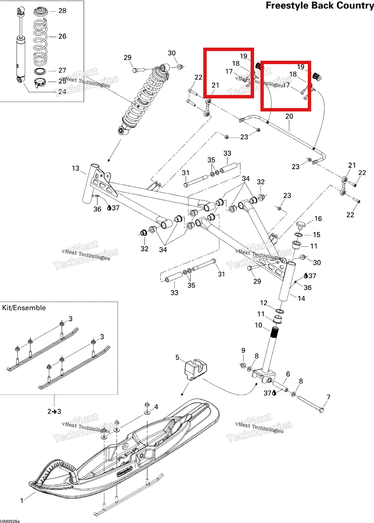 Деталь 250000281 (Деталь Hexagonal Cap Screw) на схеме узла 2009 Ski-Doo Freestyle Back Country Front Suspension And Ski Cu