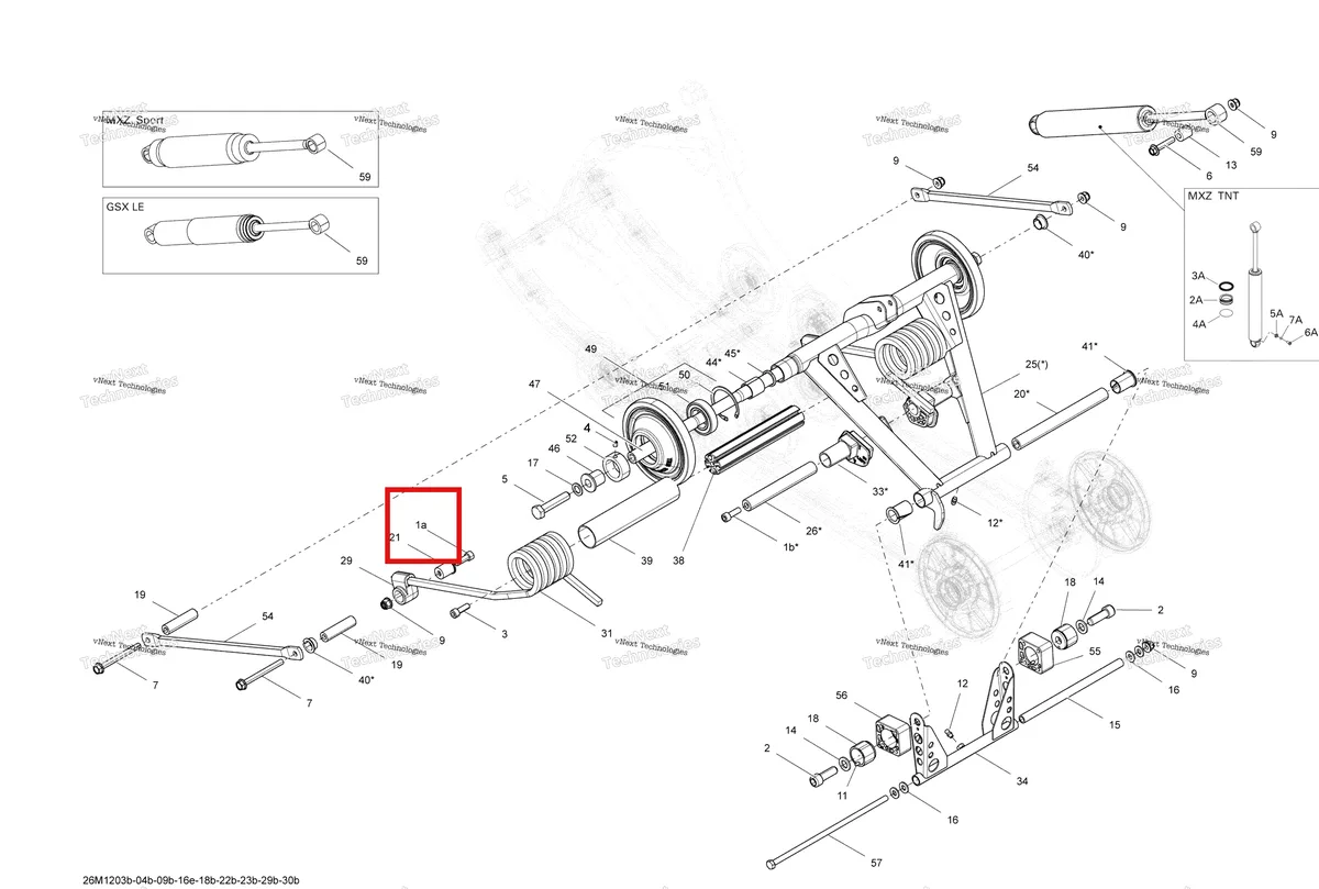 Деталь 250000477 на схеме узла 2012 Ski-Doo MXZ TNT & Sport 600 XP Rear Suspension Rear Arm And Shock