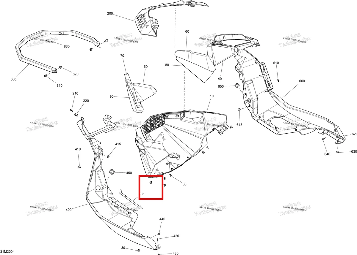 Деталь 250000705 на схеме узла 2020 Ski-Doo MXZ 600 CARB Body - Bottom Pan