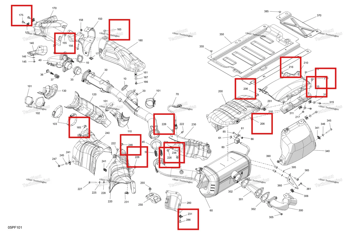 Деталь 250001162 (Шестигранный Sems винт S рукоятка Ht M6 X16 Can-Am Outlander 4x4 XT 1000R (2025) (250001162)) на схеме узла 2026 Can-Am OUT-MAX - 6X6 - DPS - 850 EFI - 2HTA - Granite Grey Engine - Exhaust