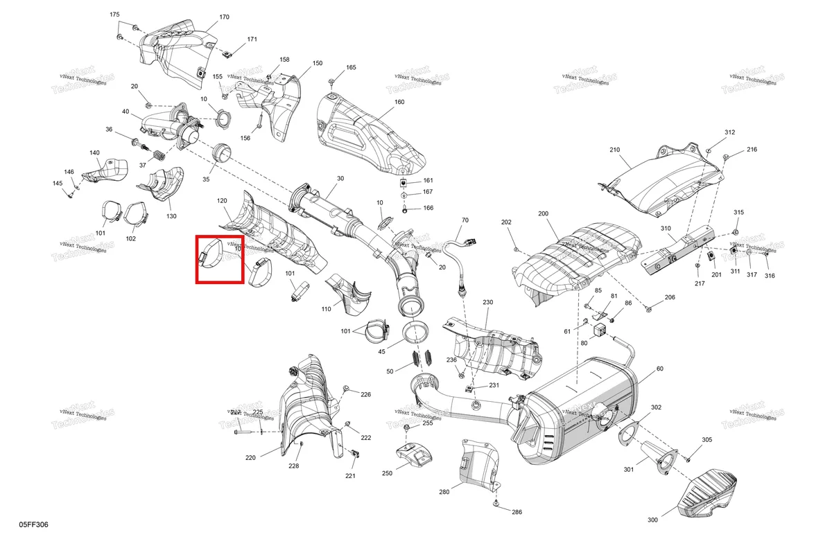 Деталь 250001306 (Шестигранный винт фланцевый M8 × 38 Can-Am Outlander 4x4 XT 1000R (2025) (250001306)) на схеме узла 2026 Can-Am OUTLANDER - 4X4 - BACKCOUNTRY - 1000R - 4NTA - CALI - Dark Camo Engine - Exhaust