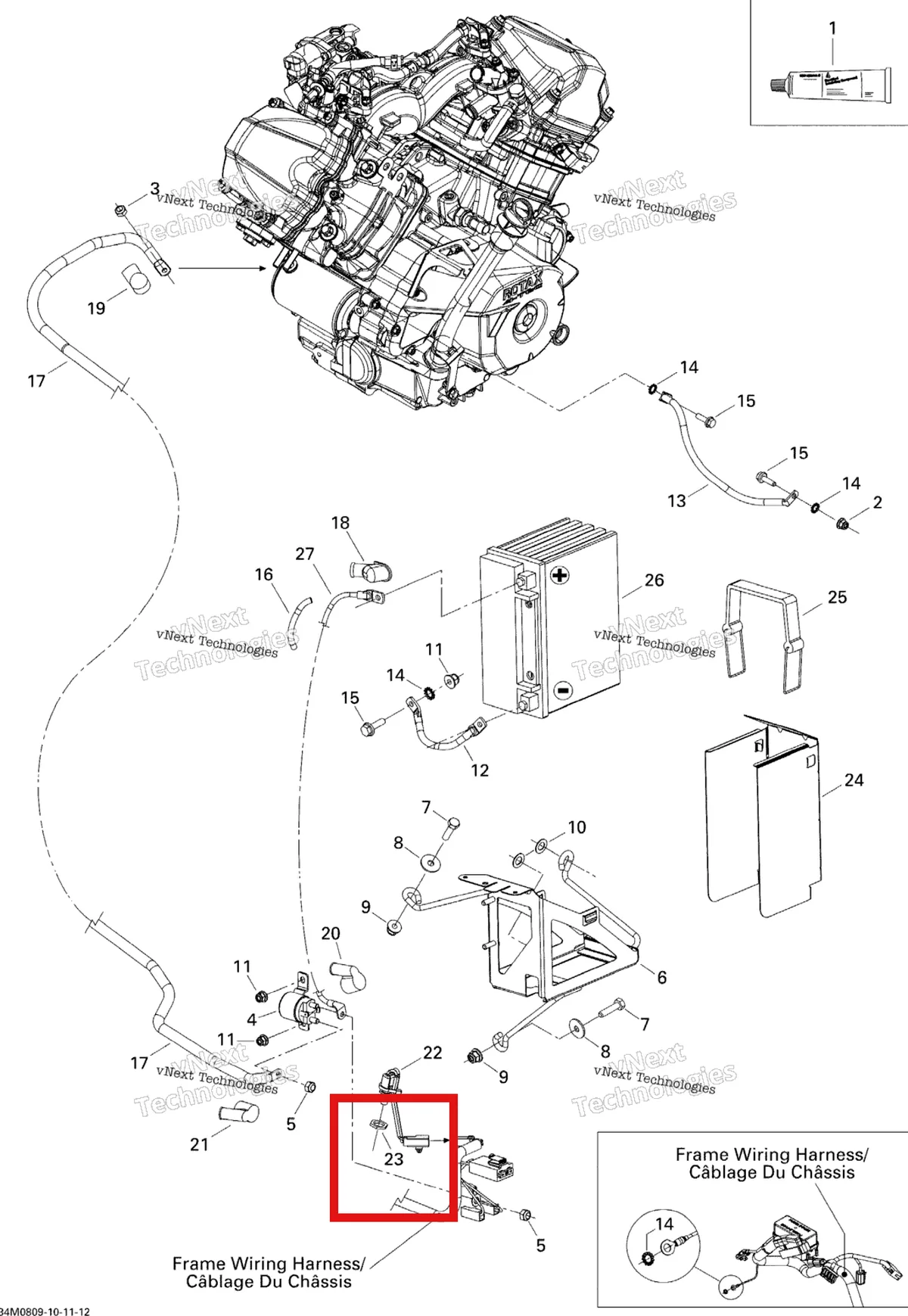 Деталь 250100012 (Деталь Brass Nut) на схеме узла 2008 Ski-Doo Skandic Tundra LT V-800 Battery And Starter