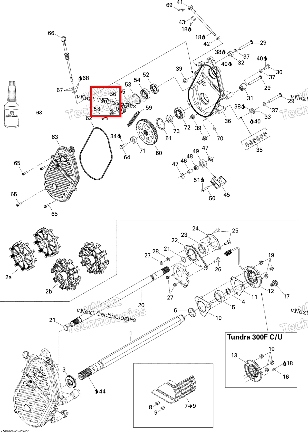Деталь 250100056 (Деталь Hex Castle Nut, M20 X1.5. 300f) на схеме узла 2009 Ski-Doo Skandic Tundra Drive System