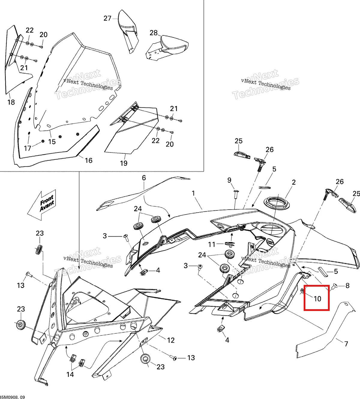 Деталь 250100106 на схеме узла 2009 Ski-Doo GSX Limited 600 H.O. E-TEC Windshield And Console