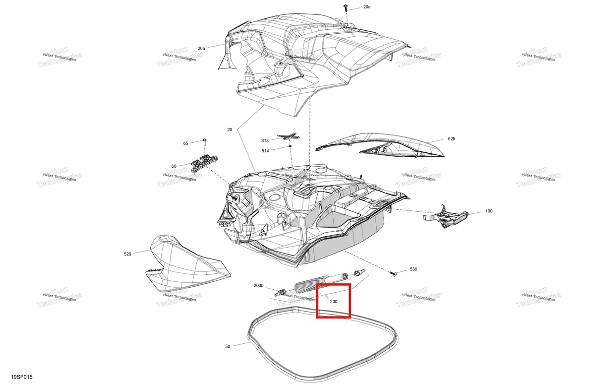 Деталь 264000145 (Воздушный амортизатор в сборе включает 200 to 200 b Sea-Doo RXP 325 X (2026) (264000145)) на схеме узла 2026 Sea-Doo RXP - 325 - X - 23TD - Gulfstream Blue - Audio Body - Front Cover