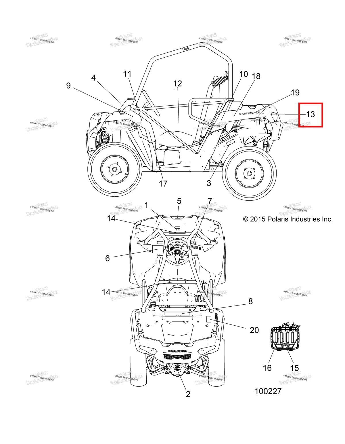 Деталь 2670133 (Катафот в сборе красный Polaris Widetrak LX (2006) (2670133)) на схеме узла Body, Decals