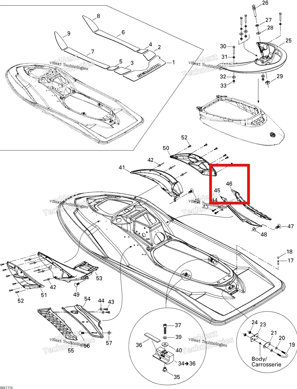 Деталь 269001293 на схеме узла 2011 Sea-Doo RXP-X 255 & RS Body, Rear View