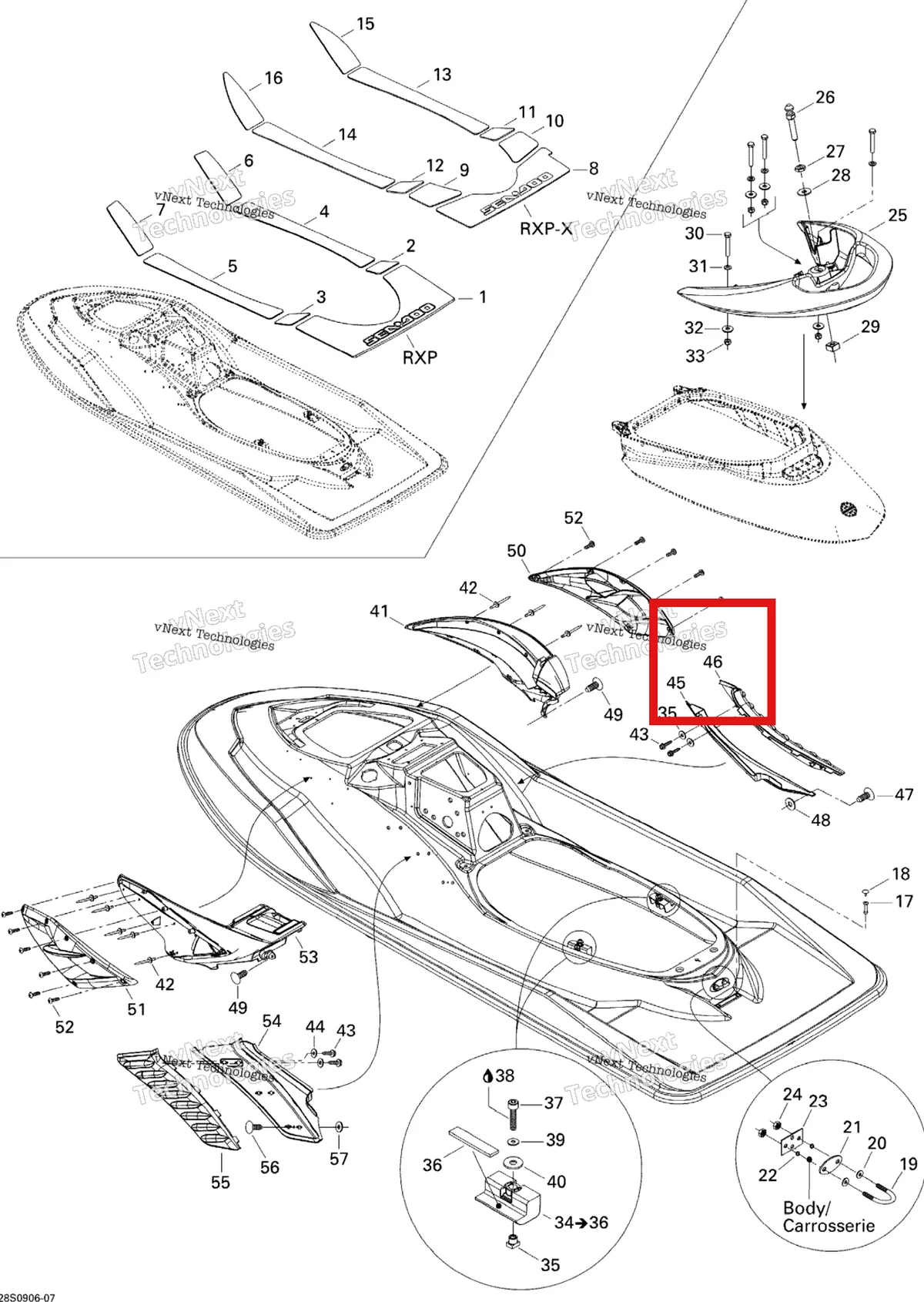 Деталь 269001296 на схеме узла 2009 Sea-Doo RXP 215 Body, Rear View
