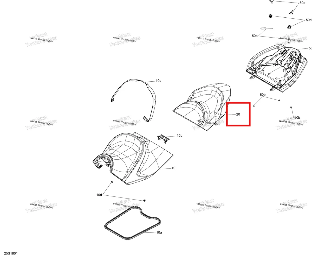 Схема применяемости: Задний сиденье в сборе Ice металлический Models Sea-Doo RXT 300 (2018) (269003183)