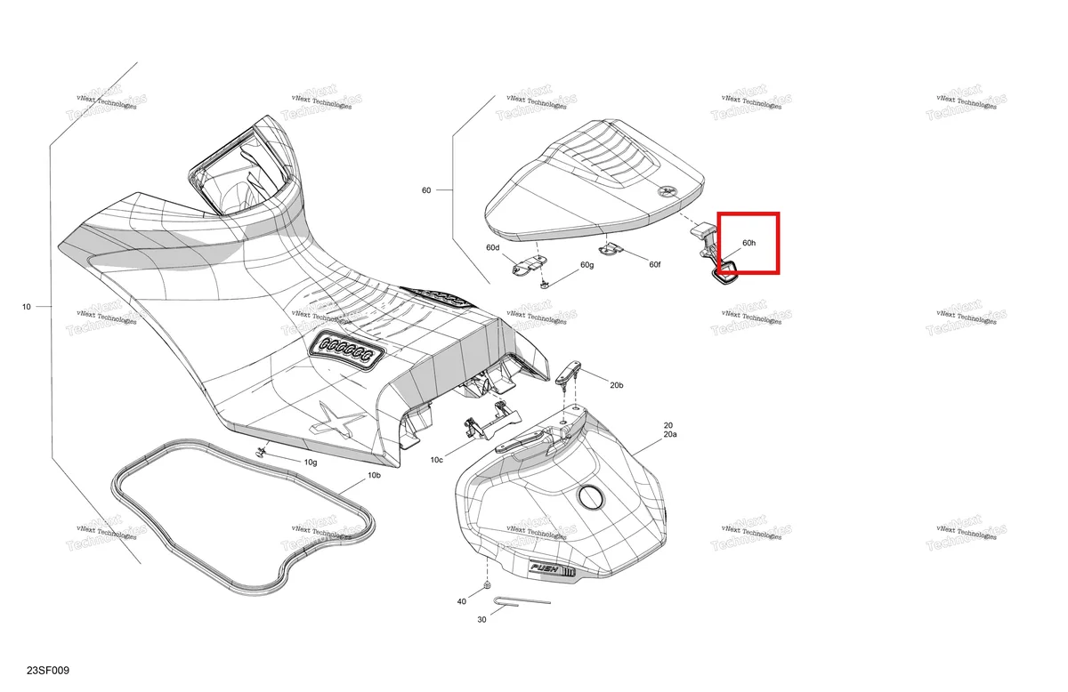 Деталь 269003522 (Сиденье защёлка Sea-Doo RXP 325 X (2026) (269003522)) на схеме узла 2026 Sea-Doo RXP - 325 - X - 23TG - Ice Metal Body - Seat