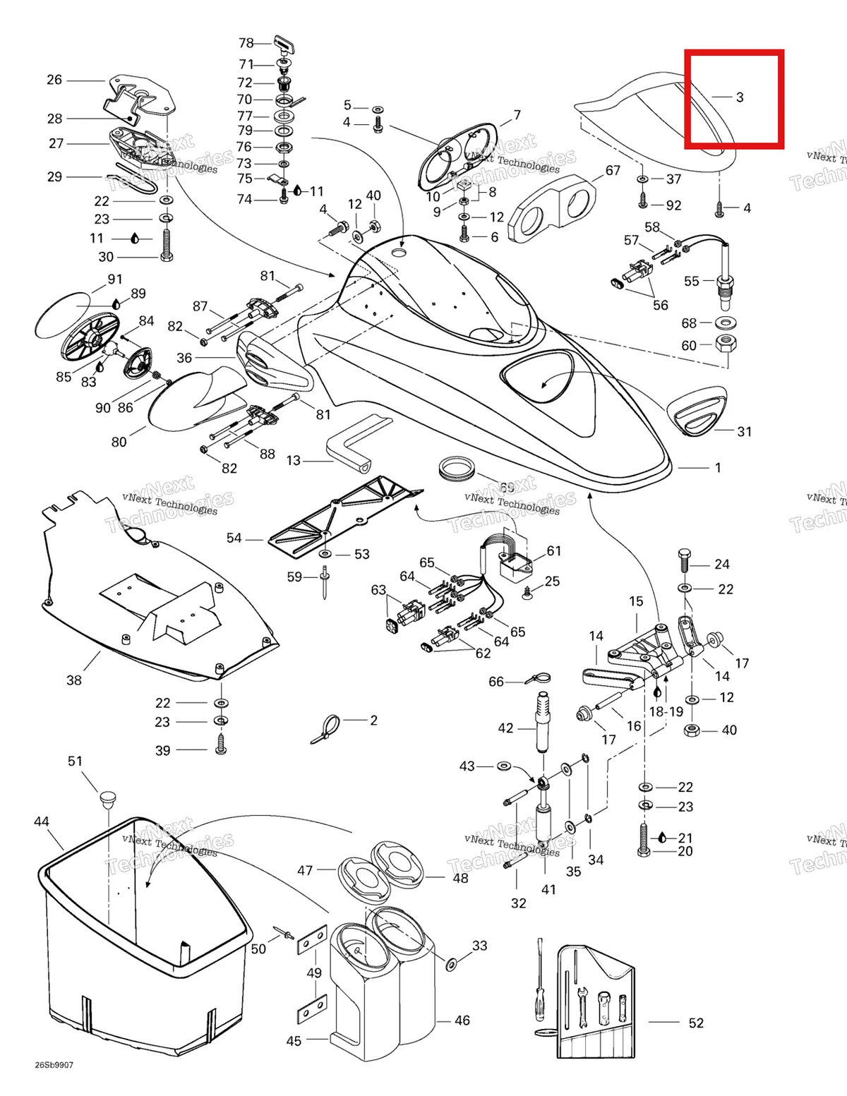Деталь 269500555 на схеме узла 1999 Sea-Doo GTX RFI, 5886/5887 Front Storage Compartment
