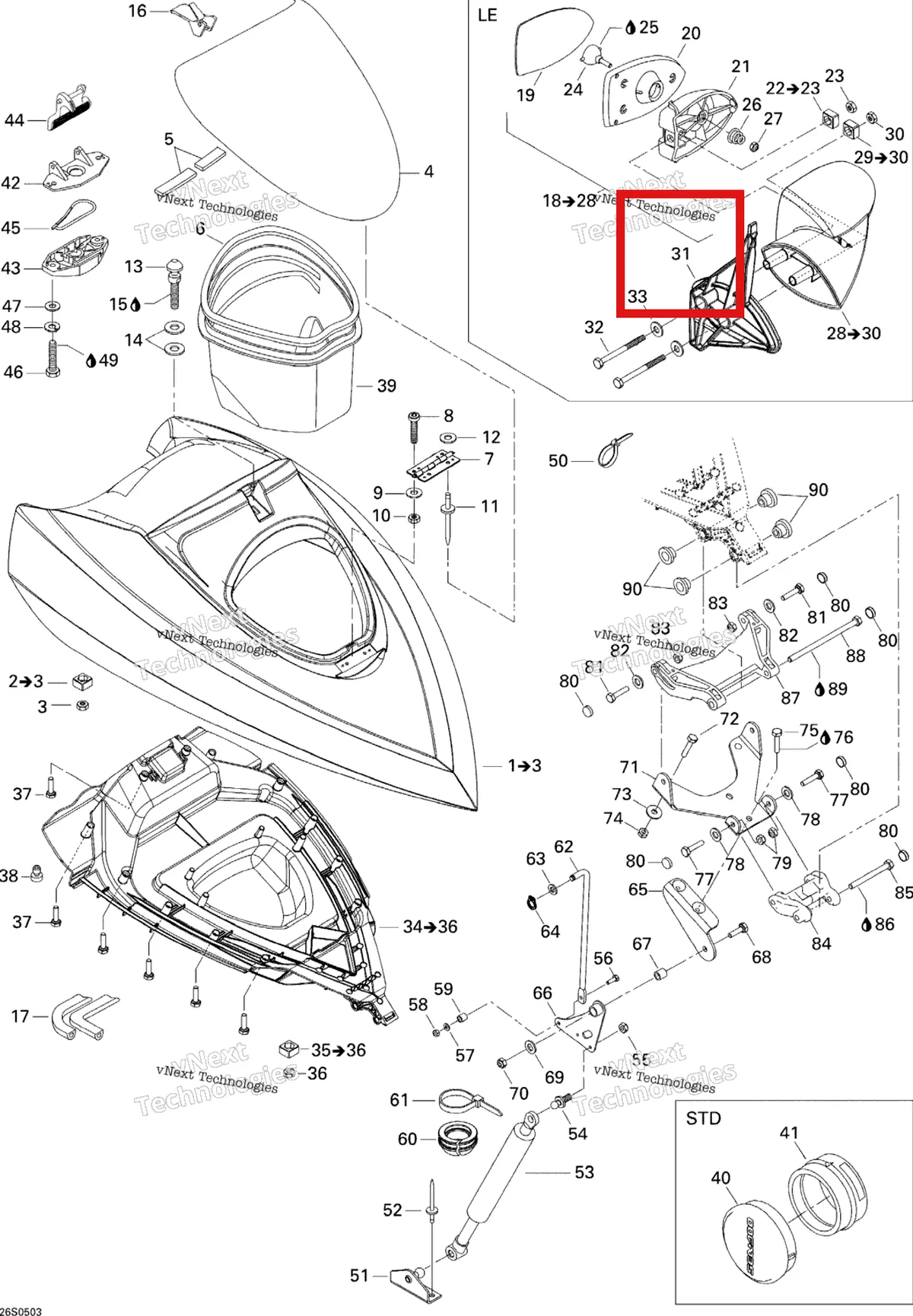 Деталь 269500793 на схеме узла 2005 Sea-Doo GTI LE RFI Front Storage Compartment Le