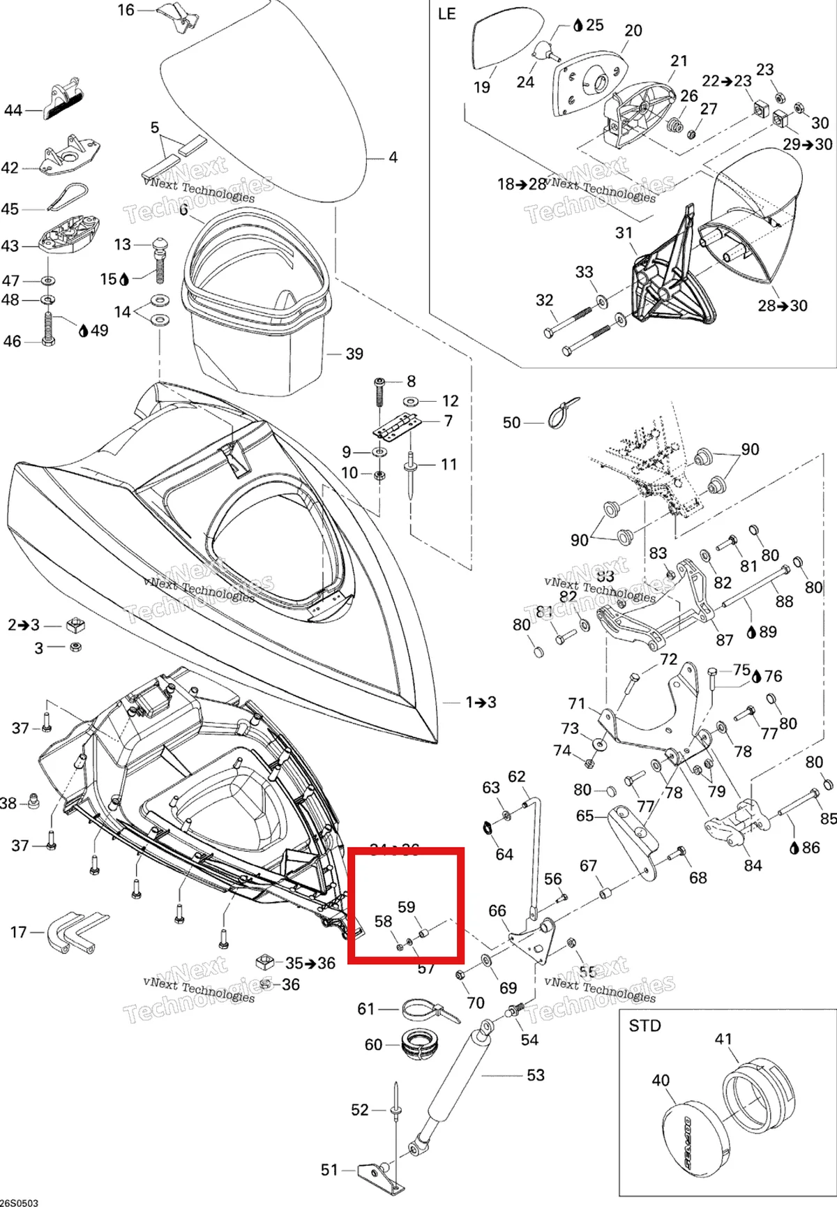 Деталь 269500841 на схеме узла 2005 Sea-Doo GTI LE RFI Front Storage Compartment Le