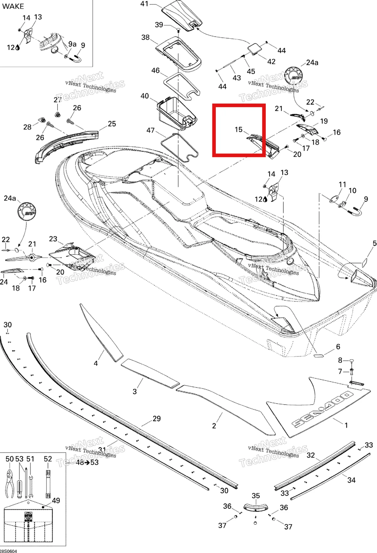 Деталь 269500931 на схеме узла 2006 Sea-Doo GTX 4-TEC, WAKE Body, Rear View Wake