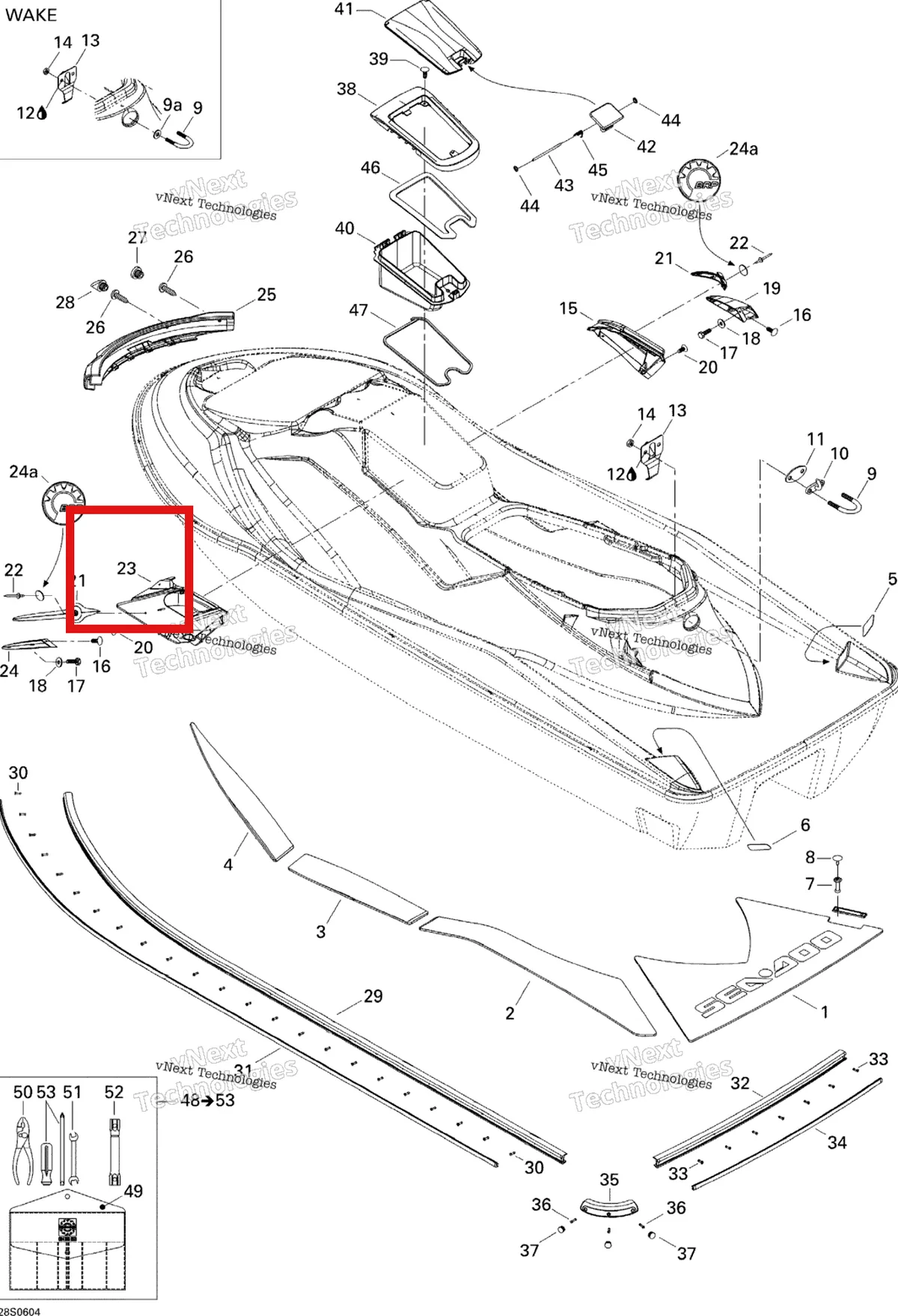 Деталь 269500932 на схеме узла 2006 Sea-Doo GTX 4-TEC, WAKE Body, Rear View Wake