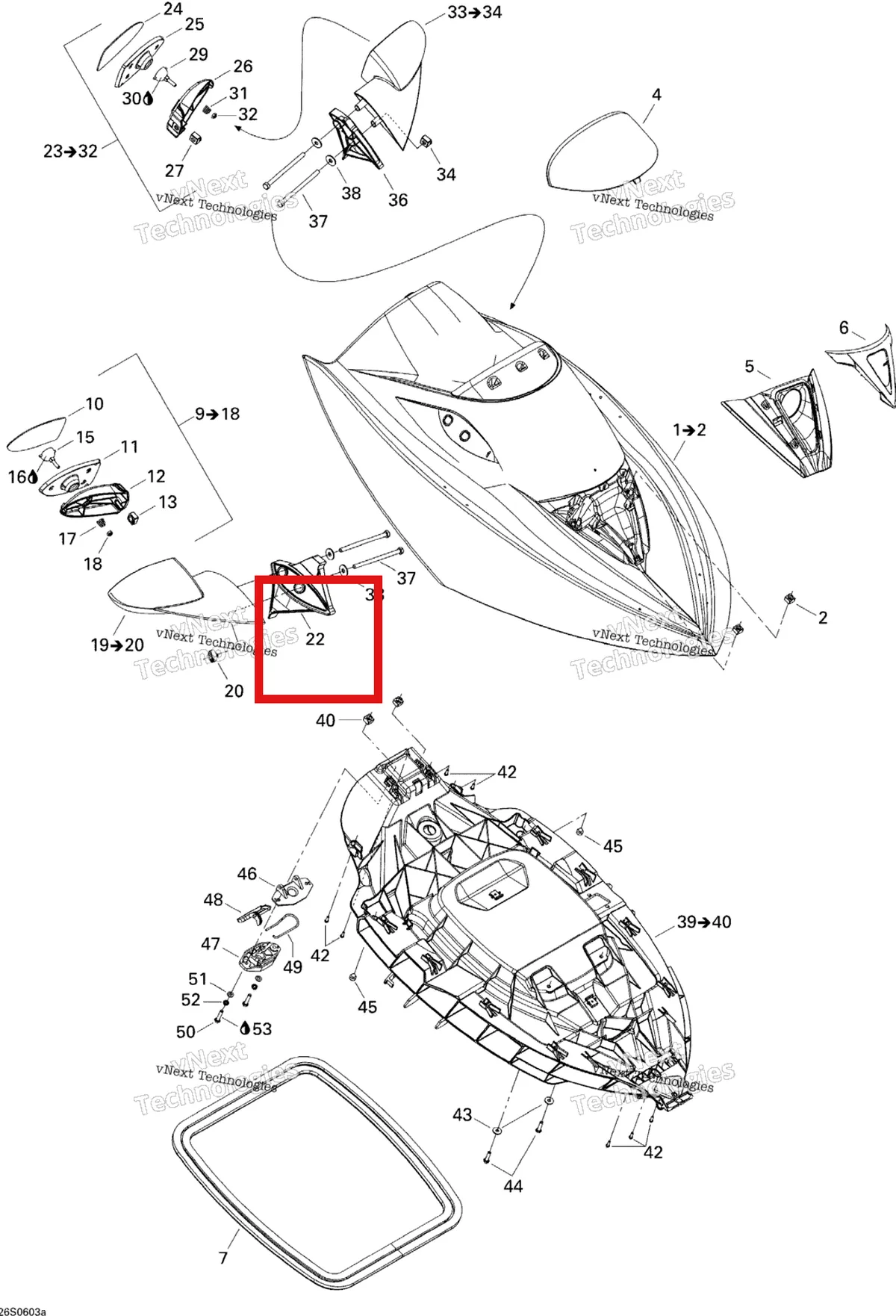 Деталь 269500950 на схеме узла 2006 Sea-Doo GTX 4-TEC SC Front Storage Compartment 1