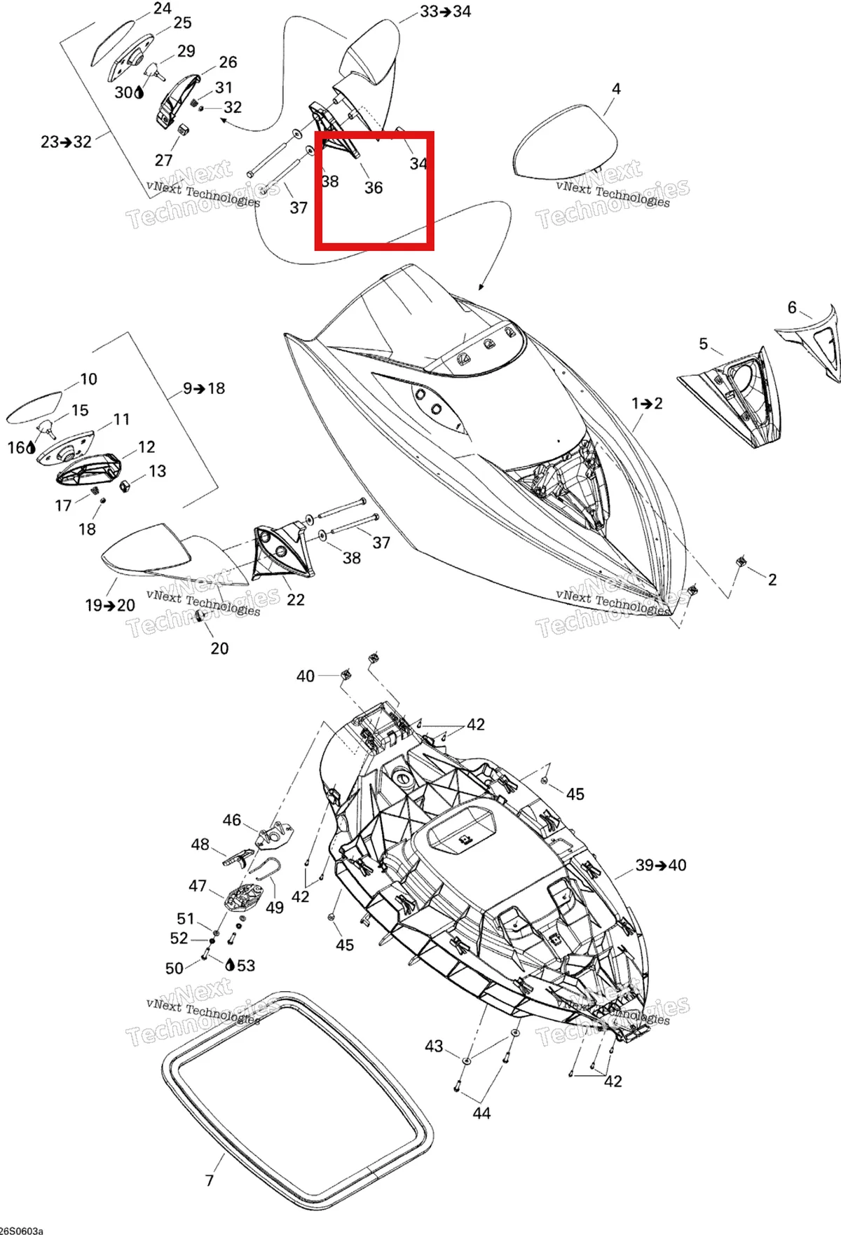 Деталь 269500951 на схеме узла 2006 Sea-Doo GTX 4-TEC SC Front Storage Compartment 1