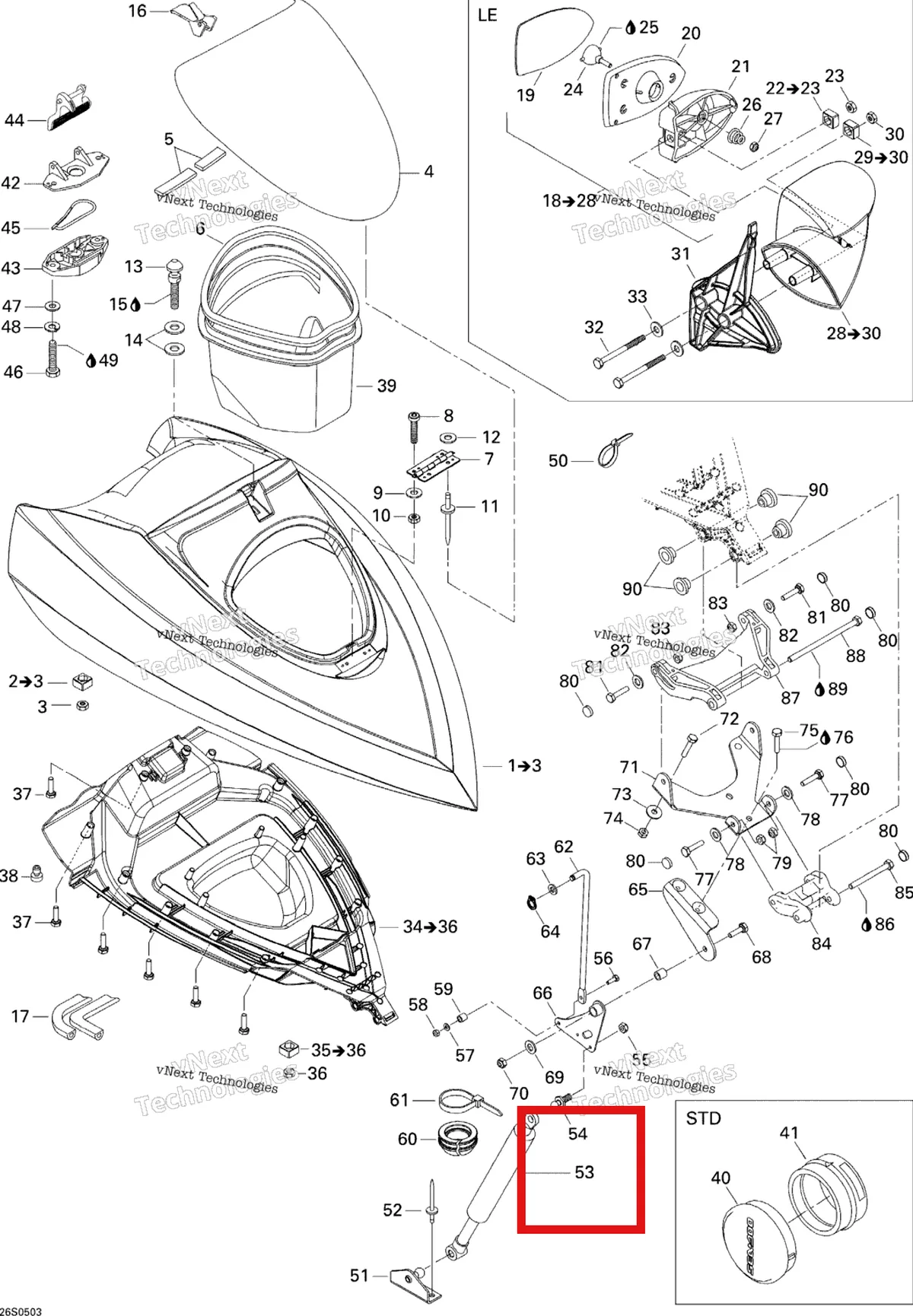 Деталь 269500988 на схеме узла 2005 Sea-Doo GTI LE RFI Front Storage Compartment Le