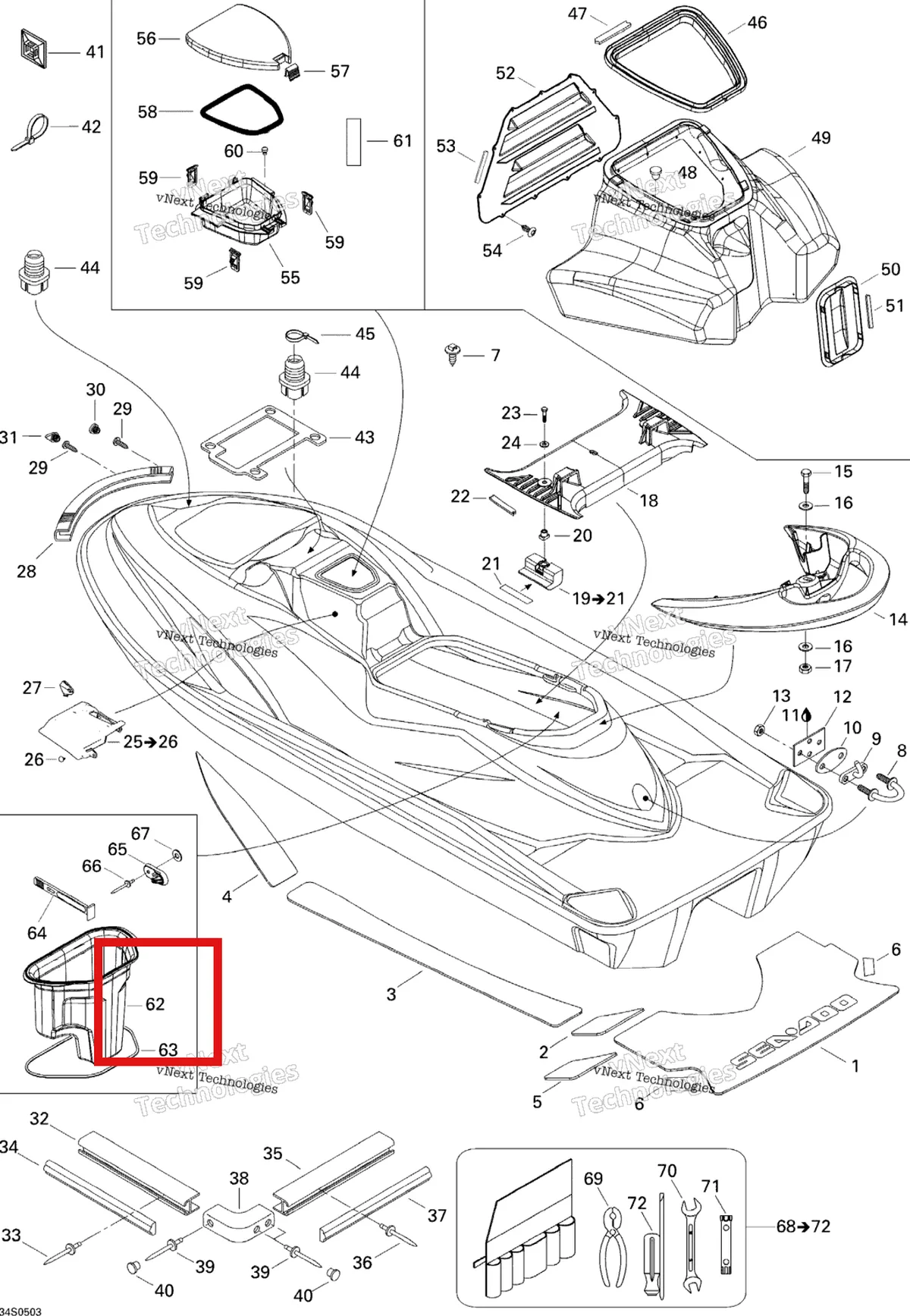 Деталь 269500990 на схеме узла 2005 Sea-Doo GTI LE RFI Body Le